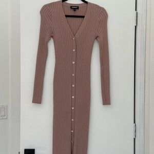 Express Long Sleeve Ribbed Button-Down Dress in blush pink